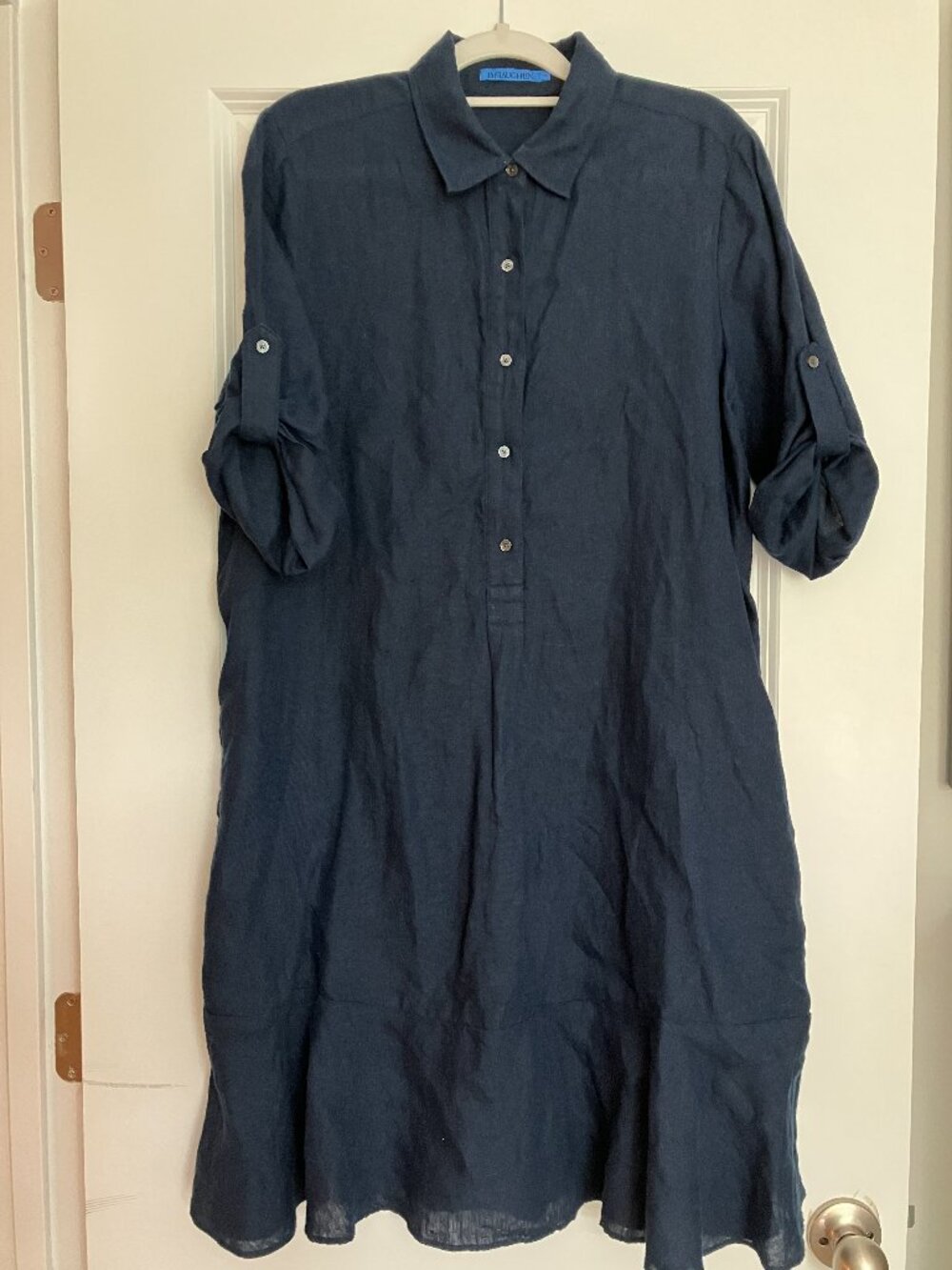 J McLaughlin Navy Blue Linen Dress with Flounce, Sz. Medium